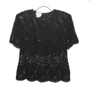 Vintage Stenay 80s Beaded Sequined Black Top Size Medium